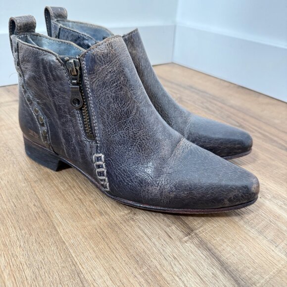 Bed Stu Dark Leather Ankle Booties Studded Distressed Zipper Detail Flat 6.5 - Picture 2 of 12